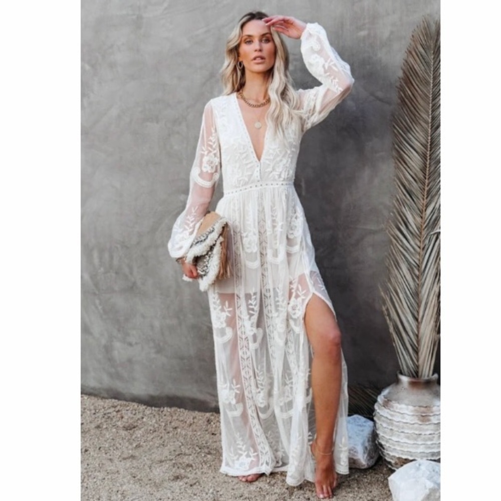 White Lace Maxi Dress with Sheer Floral Embroidery